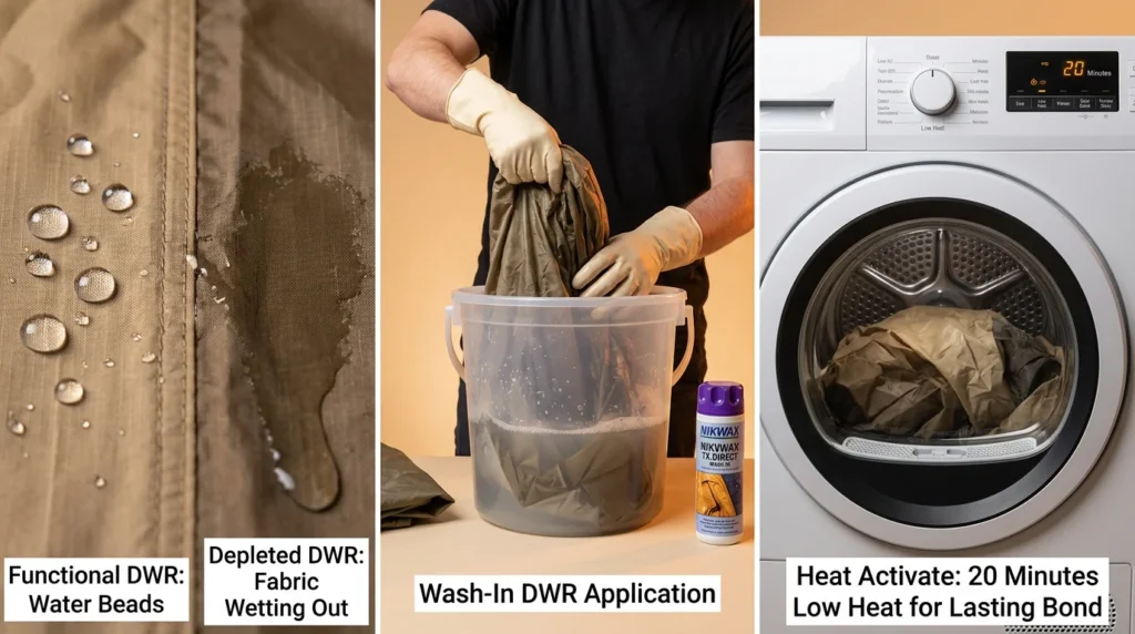 DWR renewal sequence showing bead test comparison between functional and depleted DWR, Nikwax TX.Direct wash-in application, and low-heat dryer activation for lasting bond