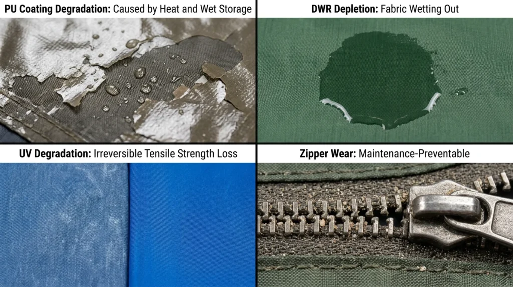 Camping Tents Lifespan. Four tent degradation mechanisms showing PU coating delamination, DWR depletion wetting out, UV fabric degradation, and grit-worn zipper failure in close-up panel comparison