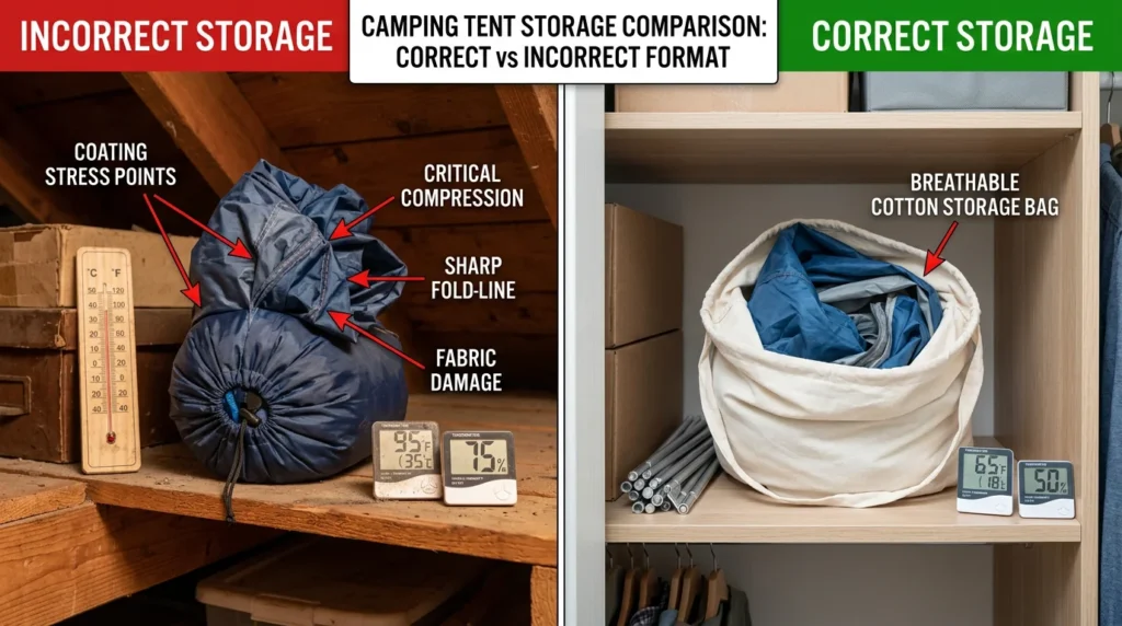 Tent storage comparison showing incorrect tight stuff sack in hot 95F attic at 75% humidity versus correct loose breathable bag in cool 65F climate-controlled closet