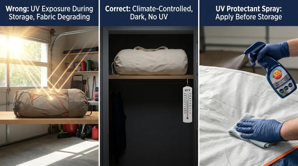 Three-panel UV protection comparison showing tent damaged by garage sunlight storage versus correct climate-controlled dark closet storage with 303 Aerospace Protectant application