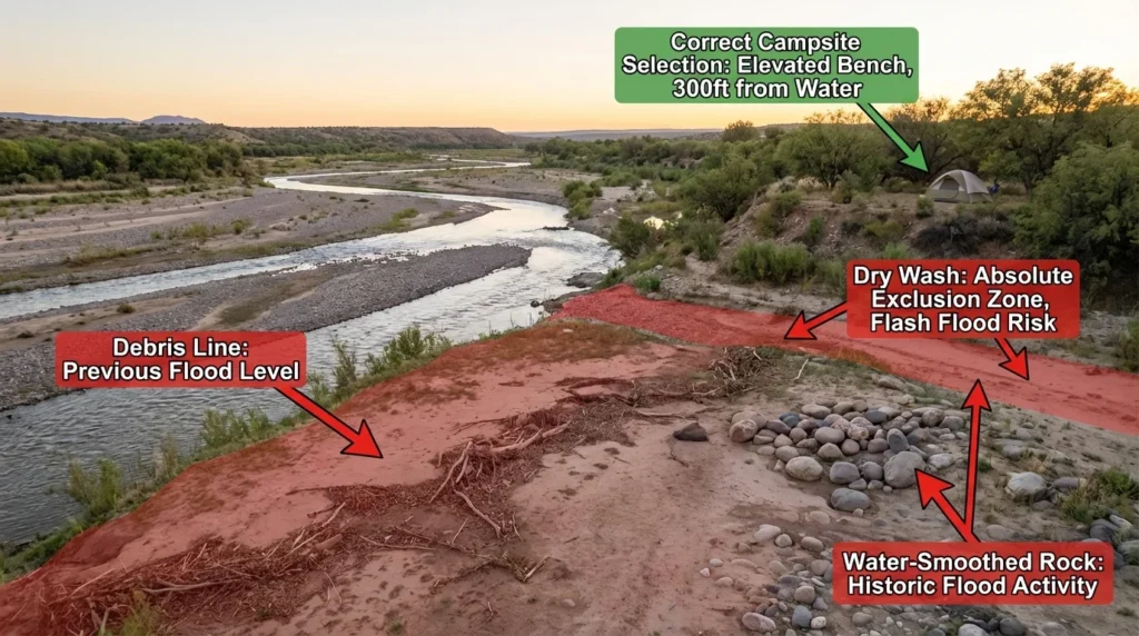 Flood plain hazard indicators for campsite selection showing debris line at flood level, water-smoothed rocks, dry wash flash flood exclusion zone, and correctly positioned tent on elevated bench 300 feet from water
