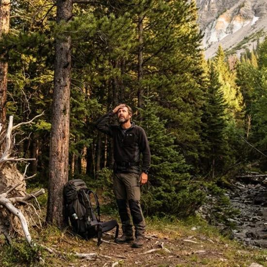 Experienced wilderness guide performing campsite selection hazard assessment in mountain forest, looking up at canopy for widowmaker trees with dead tree root mound and rocky slope visible in background