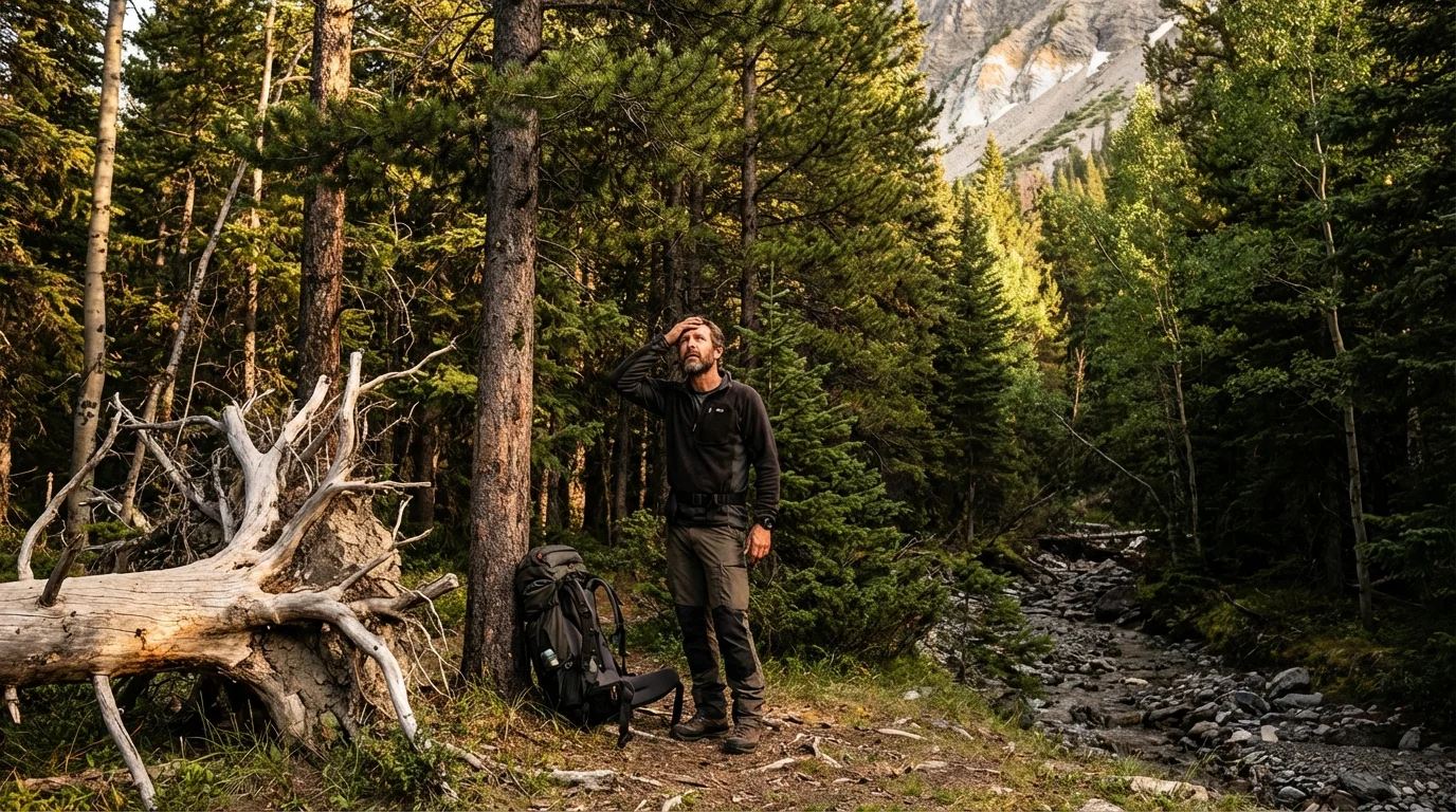 Experienced wilderness guide performing campsite selection hazard assessment in mountain forest, looking up at canopy for widowmaker trees with dead tree root mound and rocky slope visible in background