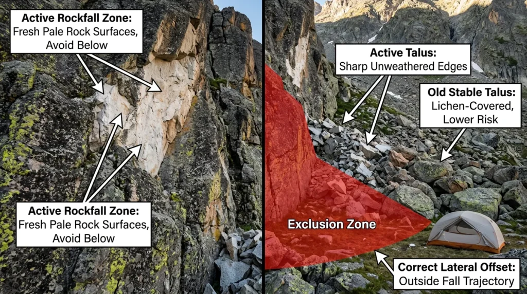 Rockfall hazard assessment for campsite selection showing fresh unweathered rock face indicating active rockfall zone, sharp-edged active talus, older stable lichen-covered talus, red exclusion zone, and correctly laterally offset tent placement