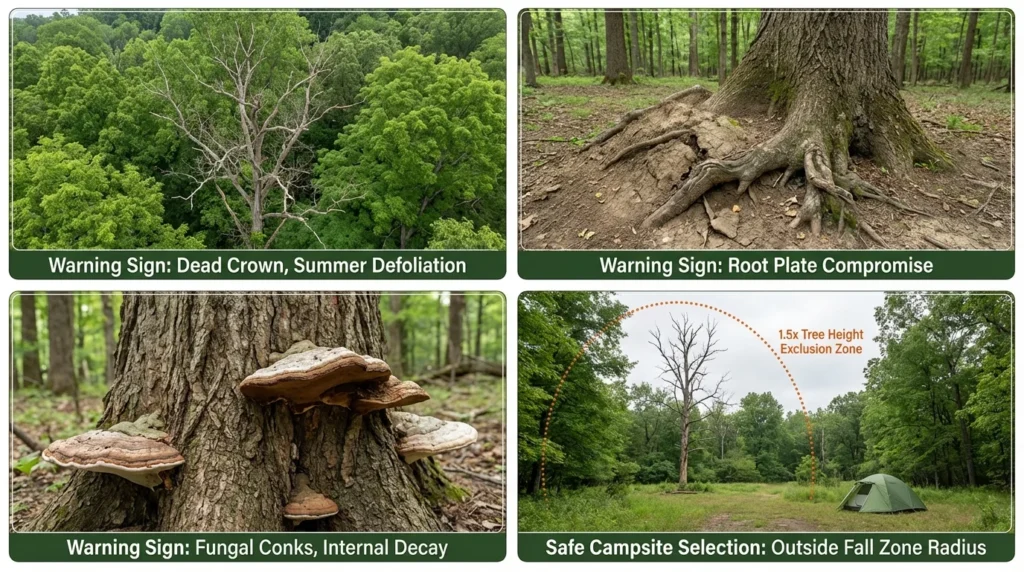 Four-panel widowmaker identification guide for campsite selection showing dead crown defoliation, root plate soil mounding, fungal conks on trunk, and correct tent placement outside 1.5x tree height fall zone