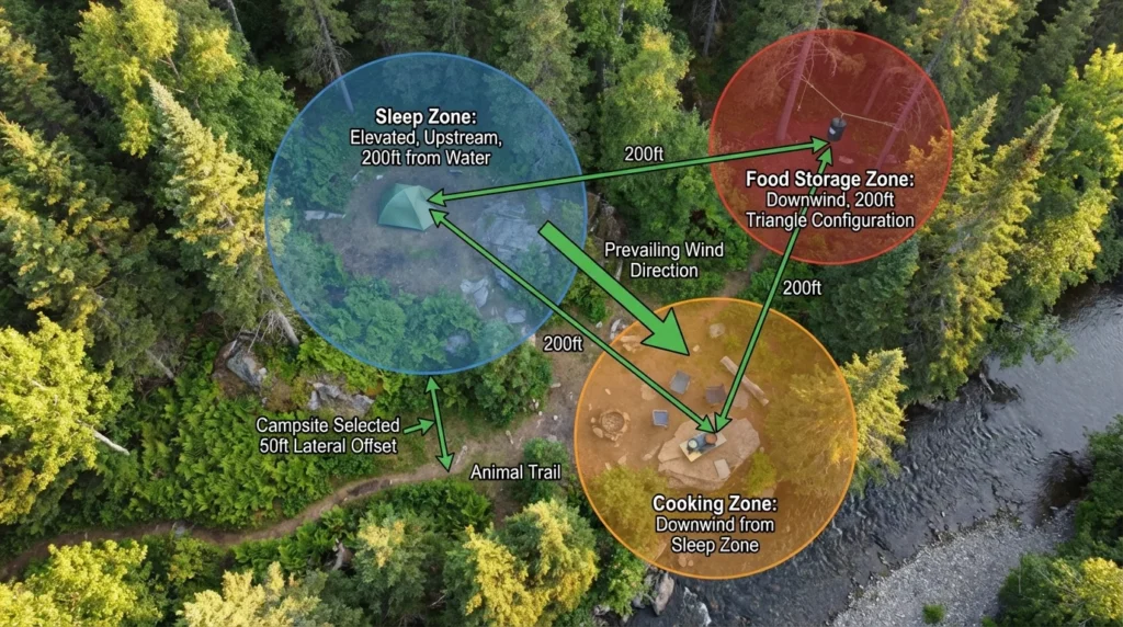 Aerial campsite selection three-zone wildlife safety layout showing blue sleep zone elevated 200 feet from water, orange cooking zone downwind, red food storage zone in 200-foot triangle with animal trail lateral offset and prevailing wind direction arrows