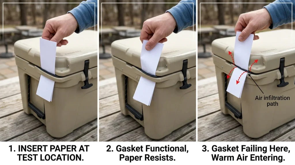 Paper test demonstration for camper cooler gasket showing paper resisting pull at functional seal location versus sliding freely at failing gap