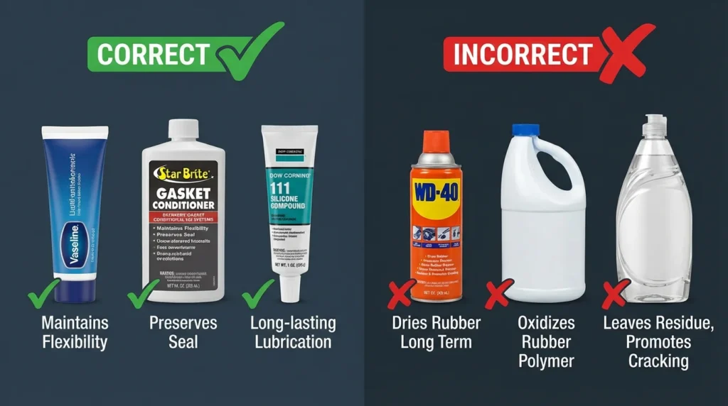 Correct camper cooler fridge gasket care products including Vaseline and silicone compound versus incorrect products WD-40 and bleach with warning labels