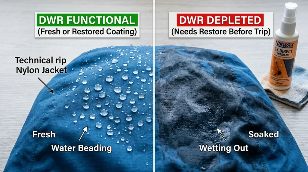 Split comparison showing water beading on functional DWR coating versus wetting out on depleted DWR needing restoration before camping trip