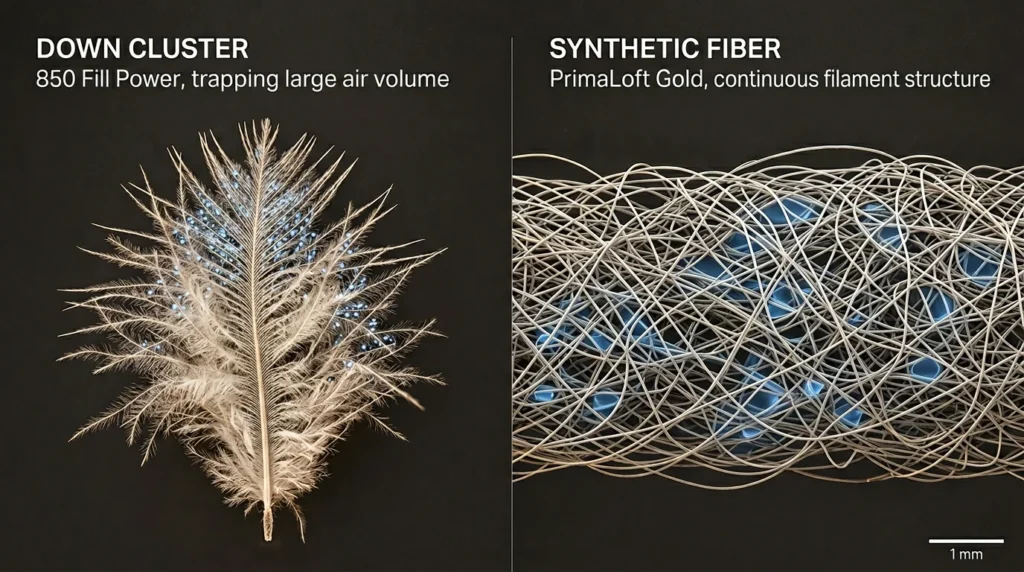 Macro comparison of down cluster three-dimensional branching structure versus synthetic PrimaLoft fiber web showing air trapping mechanisms