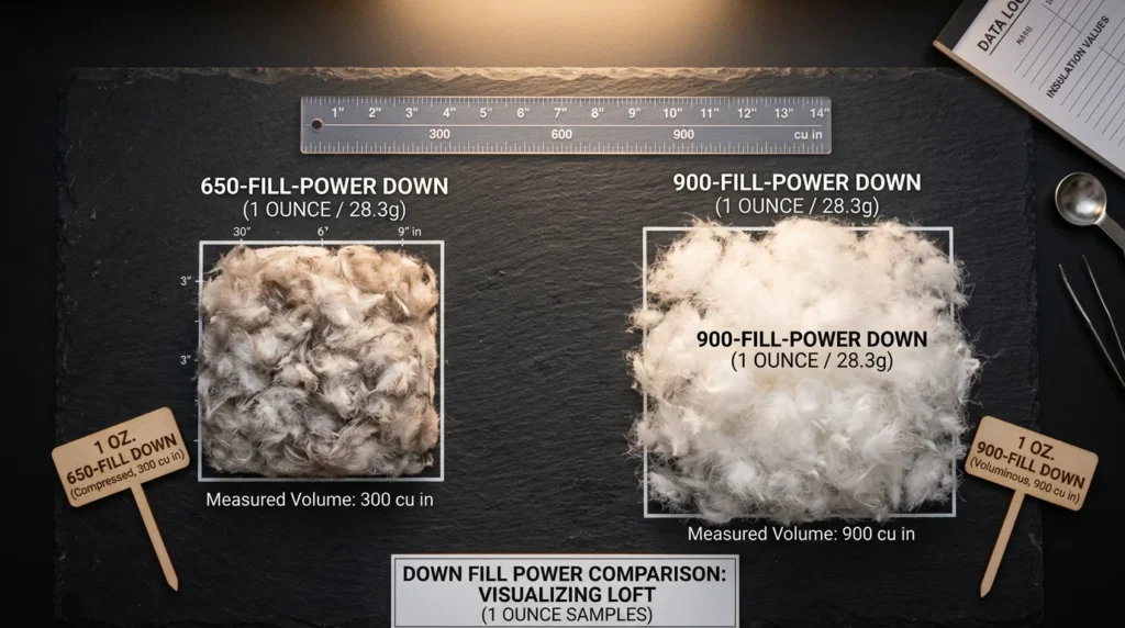 Fill power comparison showing 1 ounce of 650-fill down versus 900-fill down demonstrating volume and loft difference