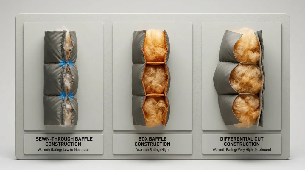 Three down jacket baffle construction types showing sewn-through cold spots versus box baffle full expansion versus differential cut