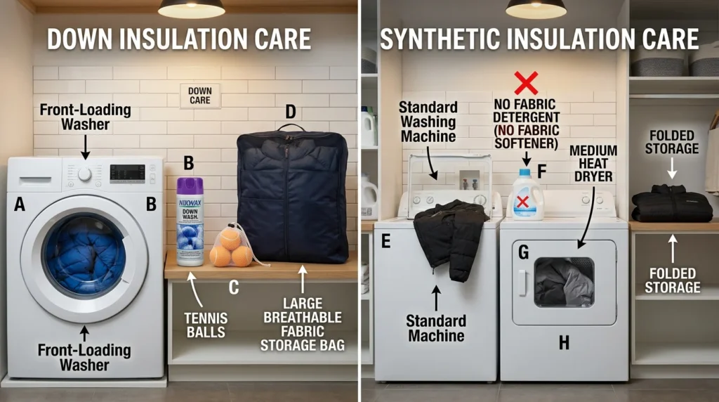 Side-by-side care guide showing down insulation washing with Nikwax and tennis ball drying versus synthetic care with standard detergent