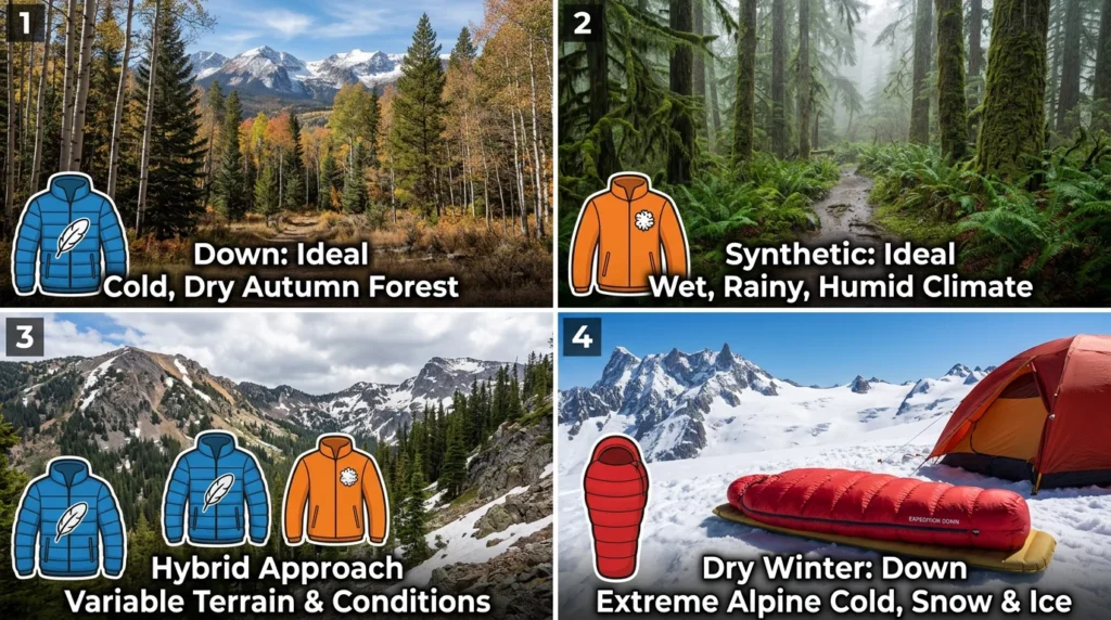 Four environment types showing down insulation ideal for dry mountain conditions and synthetic insulation ideal for wet Pacific Northwest environments