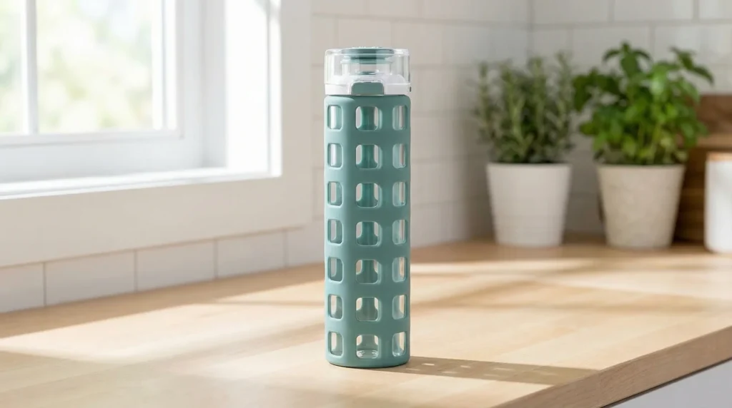 Ello Syndicate 20oz glass water bottle with lockable flip-top lid being used one-handed while commuting