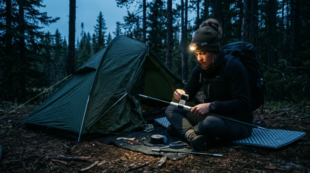Solo backpacker performing emergency tent pole repair by headlamp in forest campsite with repair tools in hand and collapsed tent behind
