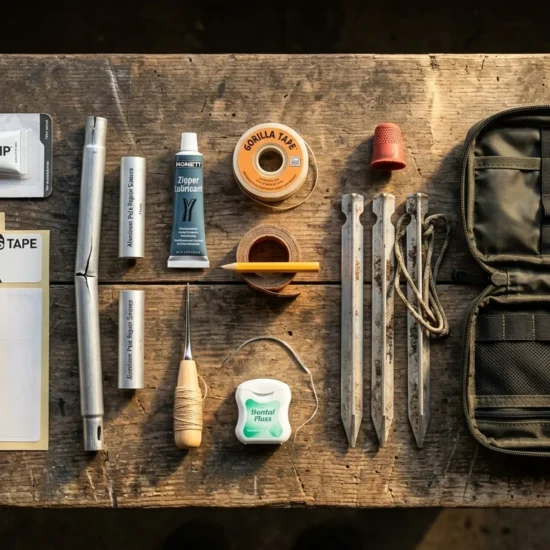 Flat lay of essential hand tools for tent camper repairs including seam sealer, Tenacious Tape, pole sleeves, zipper tools, and Speedy Stitcher on outdoor workbench
