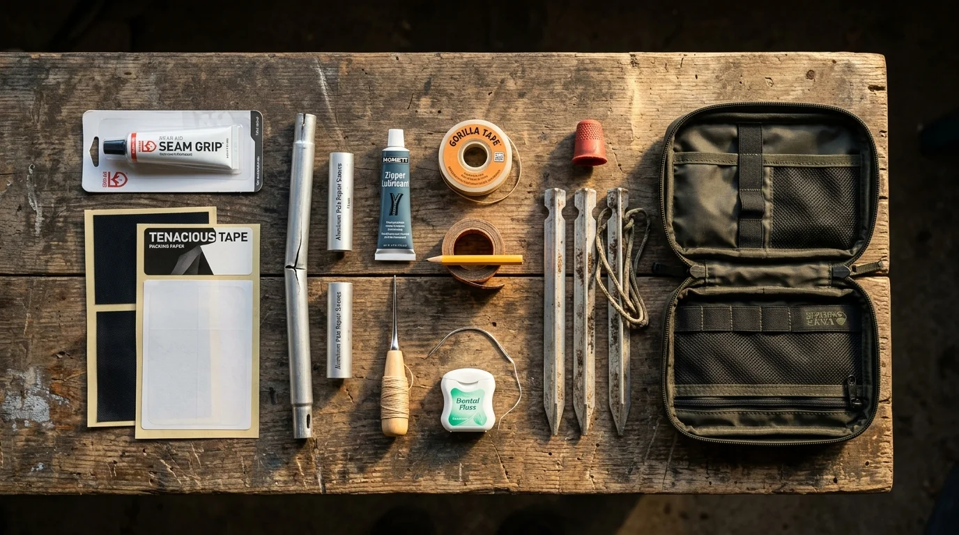 Flat lay of essential hand tools for tent camper repairs including seam sealer, Tenacious Tape, pole sleeves, zipper tools, and Speedy Stitcher on outdoor workbench