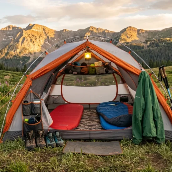 Fully equipped backpacking tent at mountain meadow campsite showing gear loft, LED lantern, tent carpet, and vestibule organizer as complete tent accessories setup
