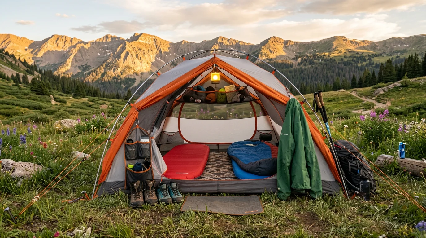 Fully equipped backpacking tent at mountain meadow campsite showing gear loft, LED lantern, tent carpet, and vestibule organizer as complete tent accessories setup