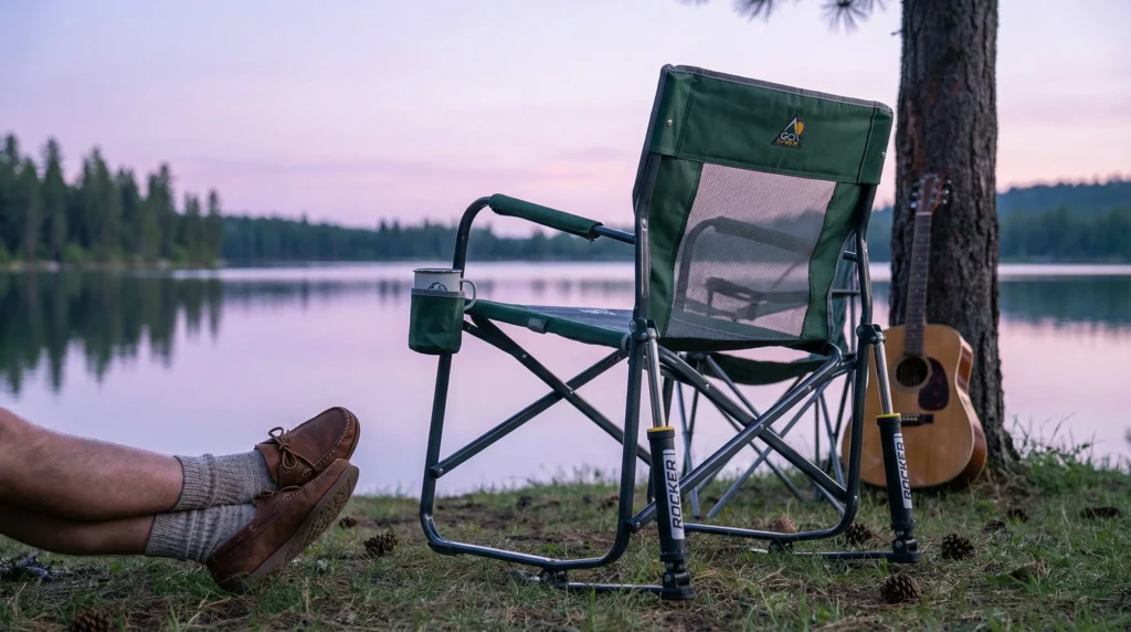 GCI Outdoor Freestyle Rocker camping chair gently rocking at a lakeside campsite with a person relaxing in it at sunset
