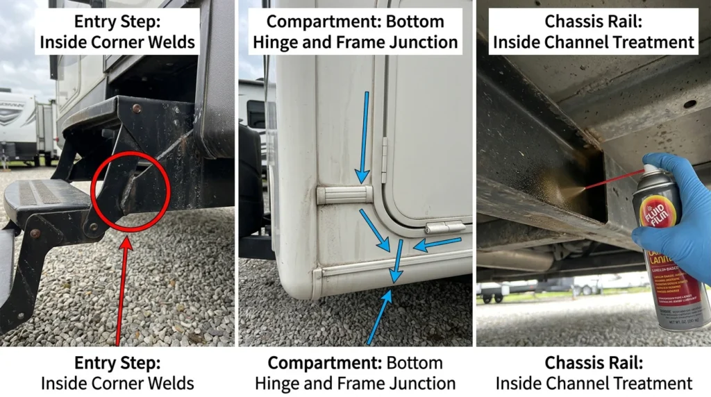 Three high-risk rust locations on RV showing entry step inside corner welds, compartment lower hinge water tracking, and chassis C-channel inside face treatment