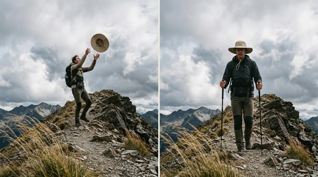 Split image showing hiking hat blown off without chin strap versus hat secured with chin cord stable in alpine ridge wind