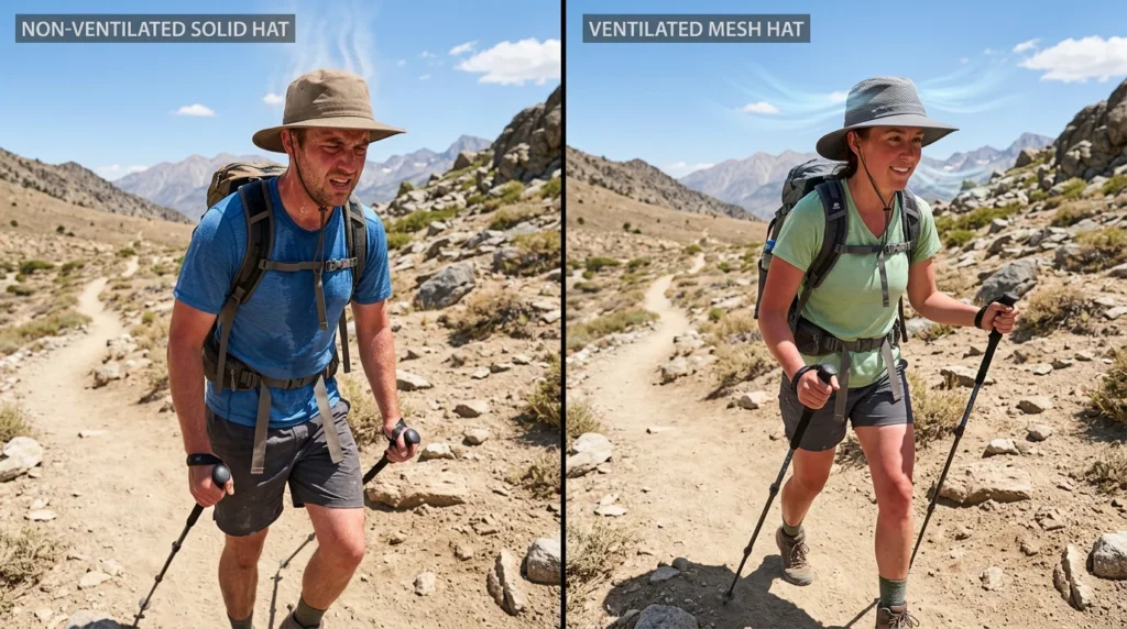 Comparison showing solid-crown hat trapping heat versus mesh-crown ventilated hiking hat allowing airflow on warm trail
