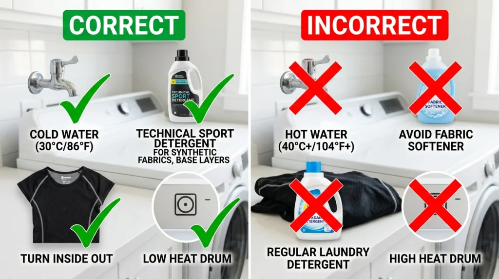 Base layer washing guide showing correct cold water and technical detergent versus incorrect hot water and fabric softener methods