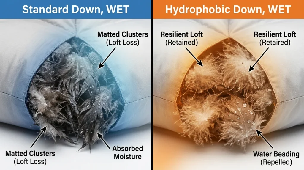 Comparison of standard down collapsing and losing loft when wet versus hydrophobic treated down maintaining cluster structure in moisture