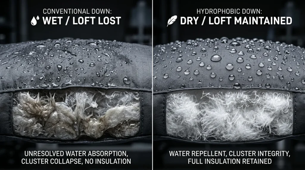 Hydrophobic down jacket comparison showing conventional down collapsing wet versus treated down maintaining loft with water beading