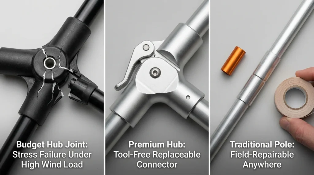 Three-panel hub joint durability comparison showing budget nylon hub stress failure, premium tool-free replaceable hub connector, and traditional pole with field repair splint sleeve