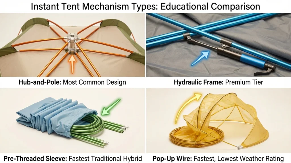Four instant setup tent mechanism types showing hub-and-pole, hydraulic frame, pre-threaded sleeve, and pop-up wire designs with mechanism detail closeups
