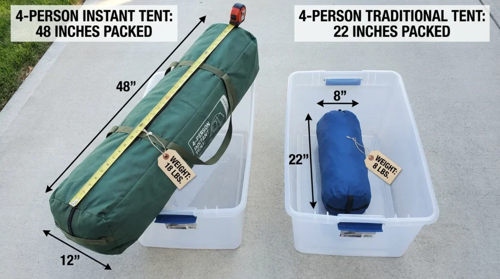 Packed size comparison showing 4-person instant setup tent at 48 inches length not fitting storage bin versus traditional tent at 22 inches fitting easily with weight comparison tags