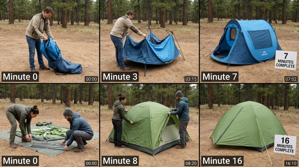 Realistic setup time comparison showing instant setup tent complete in 7 minutes versus traditional dome tent complete in 16 minutes across three-panel time sequence