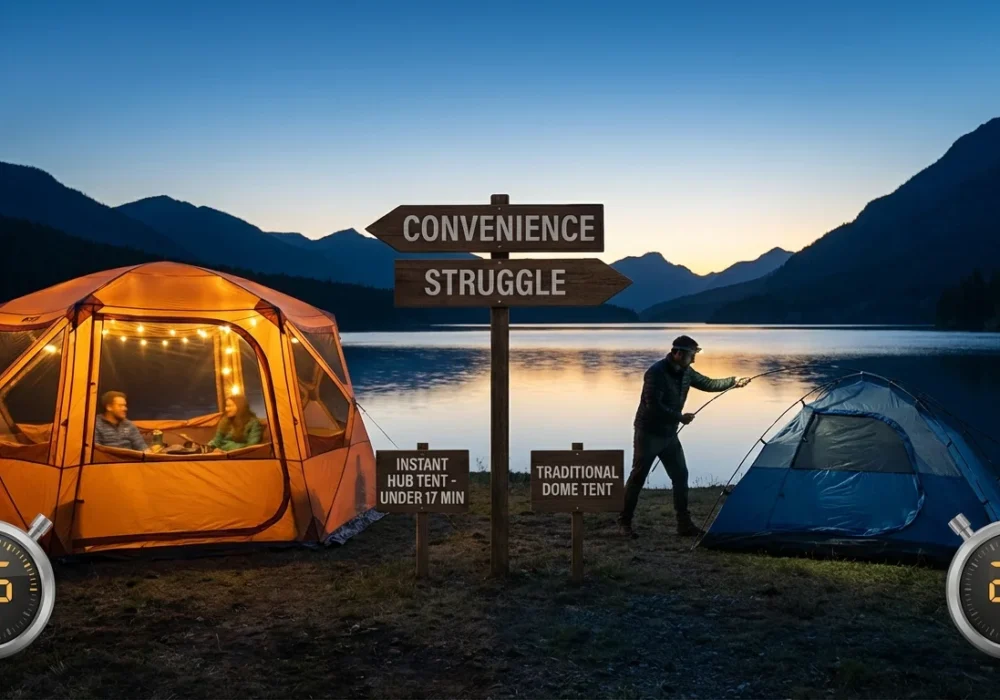 Side by side comparison at lakeside campsite showing fully deployed instant setup tent with family inside versus traditional tent being assembled in fading light
