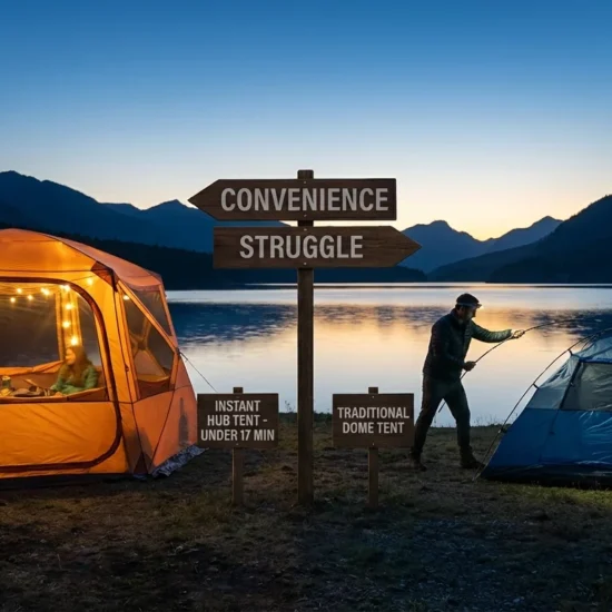 Side by side comparison at lakeside campsite showing fully deployed instant setup tent with family inside versus traditional tent being assembled in fading light