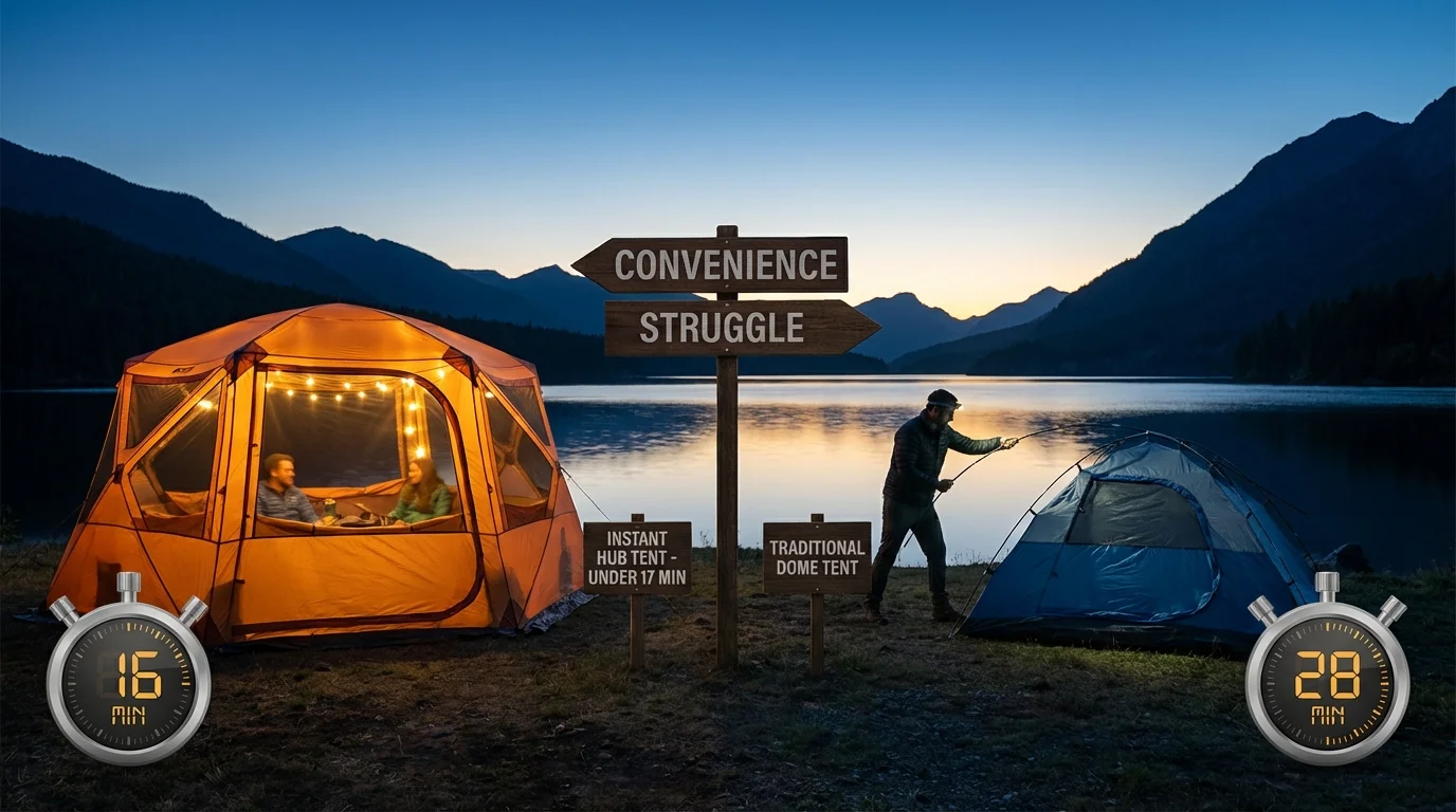 Side by side comparison at lakeside campsite showing fully deployed instant setup tent with family inside versus traditional tent being assembled in fading light