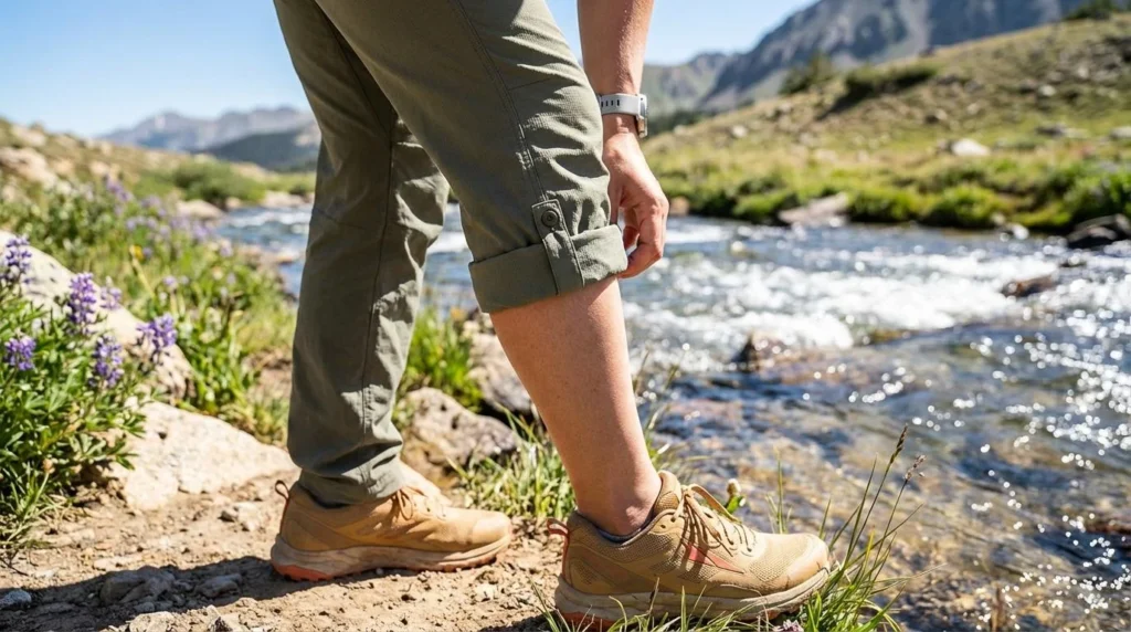 A female hiker mid-conversion rolling up KUHL Freeflex pants to capri length using the tab-and-button system on a sunny creekside trail, mountains in the background