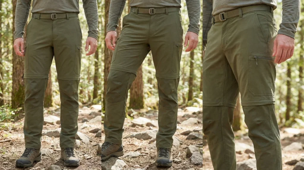 A male hiker sitting on a trailside boulder converting KUHL Renegade Pants to shorts by unzipping the lower legs, one leg fully detached, desert canyon background