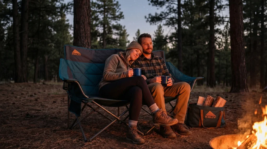 Kelty Low Loveseat double camping chair with two people sharing it around a campfire, quilted fabric visible in firelight