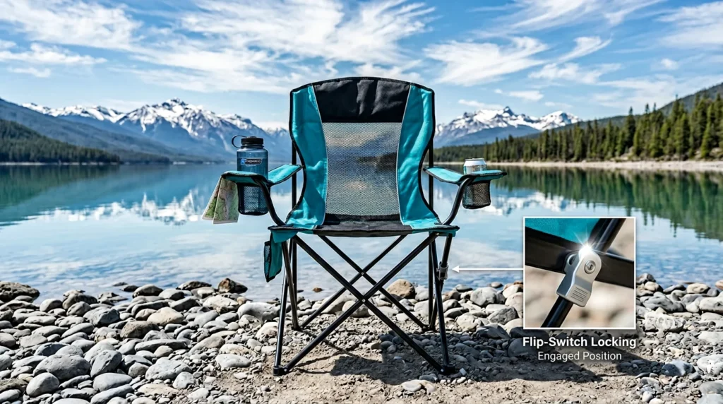 Kijaro Dual Lock camping chair with flip-switch locking mechanism shown in detail at a lakeside campsite