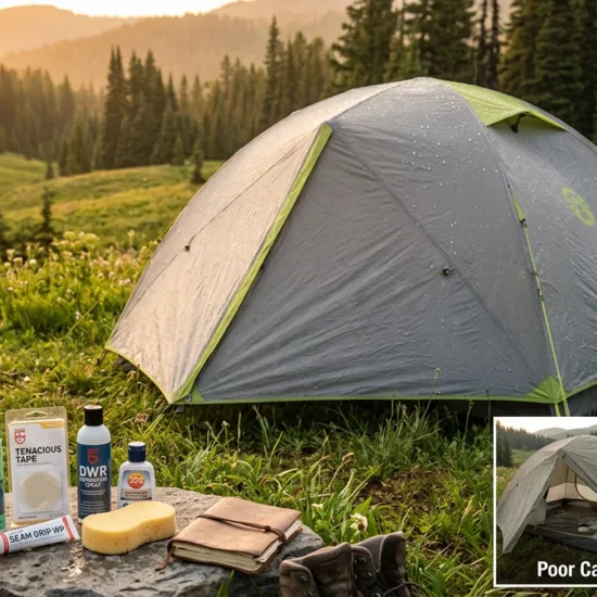 Well-maintained backpacking tent with DWR water beading on fly at forest campsite with care kit including Nikwax, Gear Aid seam grip, and 303 UV protectant in foreground