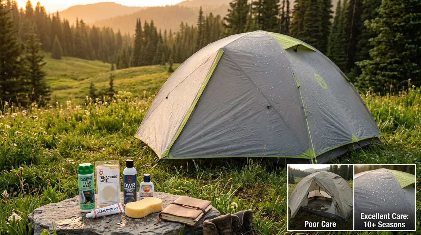 Well-maintained backpacking tent with DWR water beading on fly at forest campsite with care kit including Nikwax, Gear Aid seam grip, and 303 UV protectant in foreground