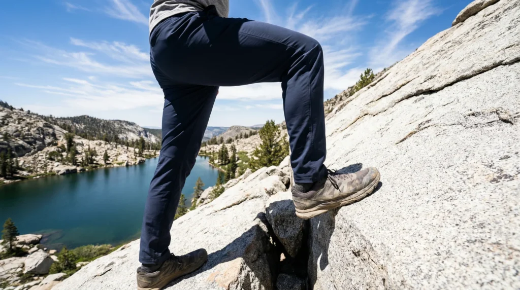  Close-up of a male hiker's legs in slim-fit black Mammut Runbold IV hiking pants making a high rock step on exposed granite with a mountain lake visible below