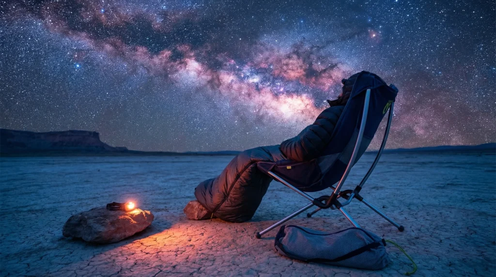 NEMO Stargaze camp chair fully reclined under a star-filled night sky at a desert campsite, person gazing upward