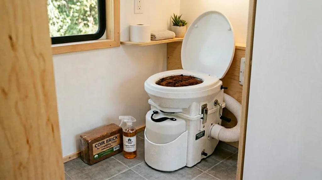 Nature's Head composting toilet installed in camper van bathroom showing coir bulking material, liquid diverter, vent fan hose, and maintenance supplies