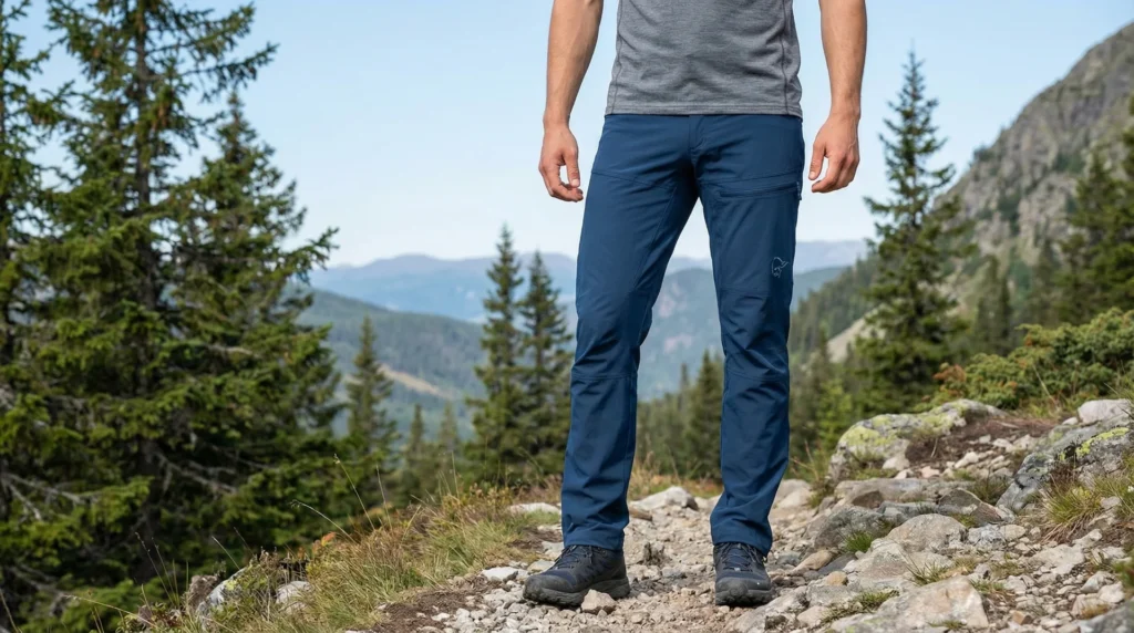 A male hiker wearing black Norrona Femund Flex1 hiking pants with thigh vents open on a steep sun-exposed switchback trail, wiping sweat from forehead, pine forest background
