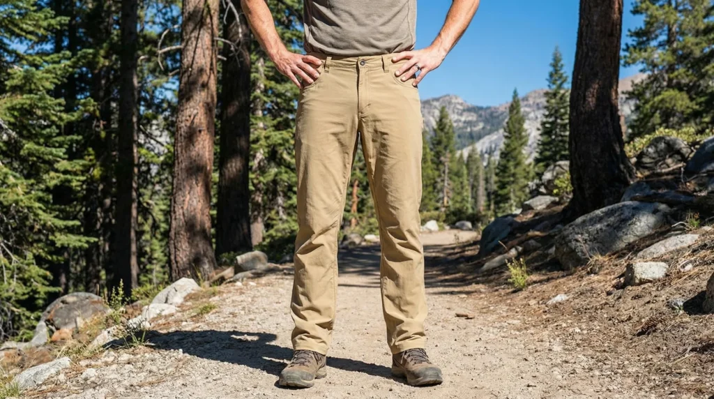 A male hiker's hand stuffing Patagonia Quandary hiking pants into their own hand pocket to create a self-stuffing stuff sack, trail surface visible below, ultralight backpack in background