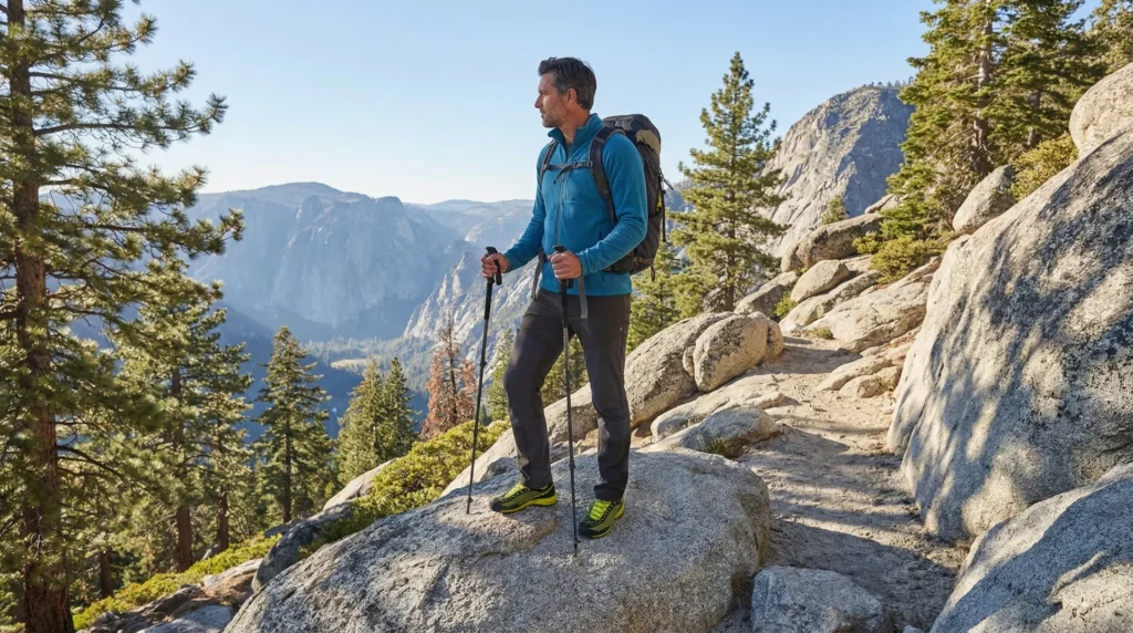 A male hiker wearing charcoal gray Patagonia Terravia Alpine pants making a long lateral stride across a high alpine ridgeline with dramatic mountain peaks in the background